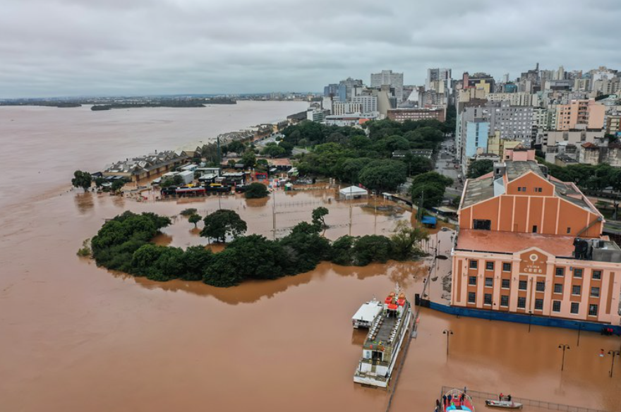 a flooded city with trees and water